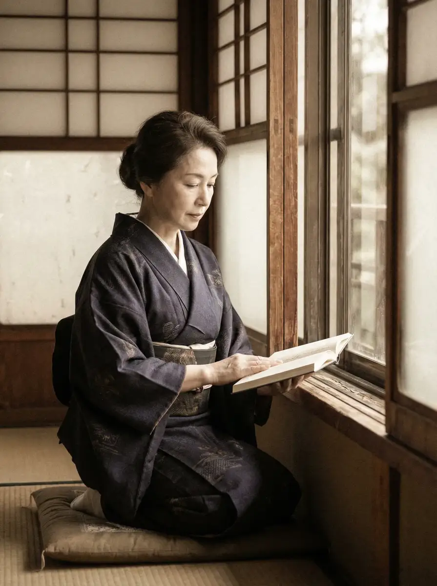 一位优雅的五十岁 家有e妻 身穿深蓝色和服，在窗边静读